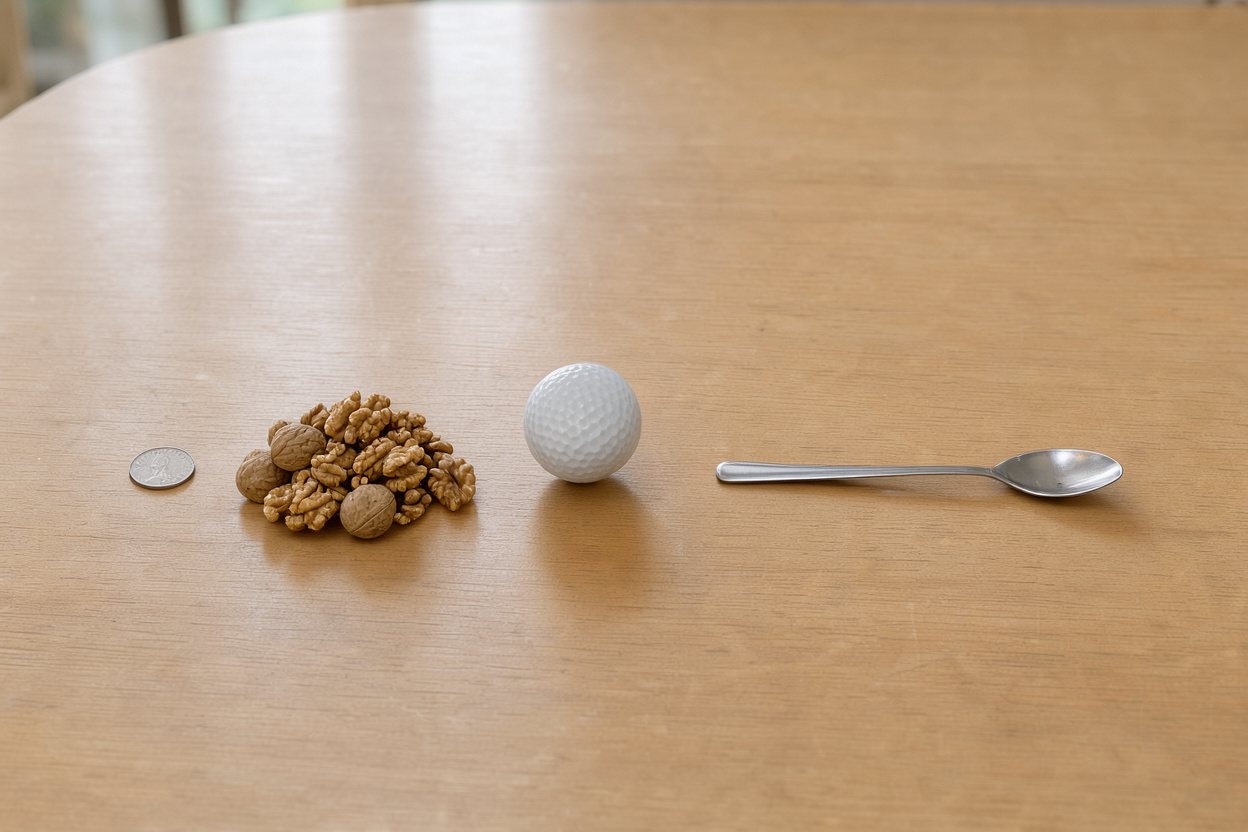 What does 0.25 cups of walnuts look like? Shown at true scale next to a US quarter, a golf ball and a teaspoon.