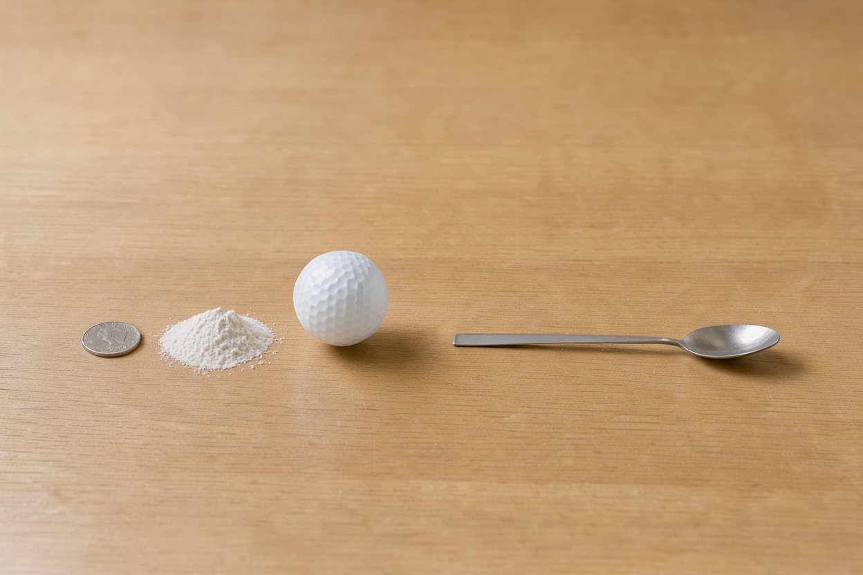 What does 5 grams of beta-alanine powder look like? Shown at true scale next to a US quarter, a golf ball and a teaspoon.