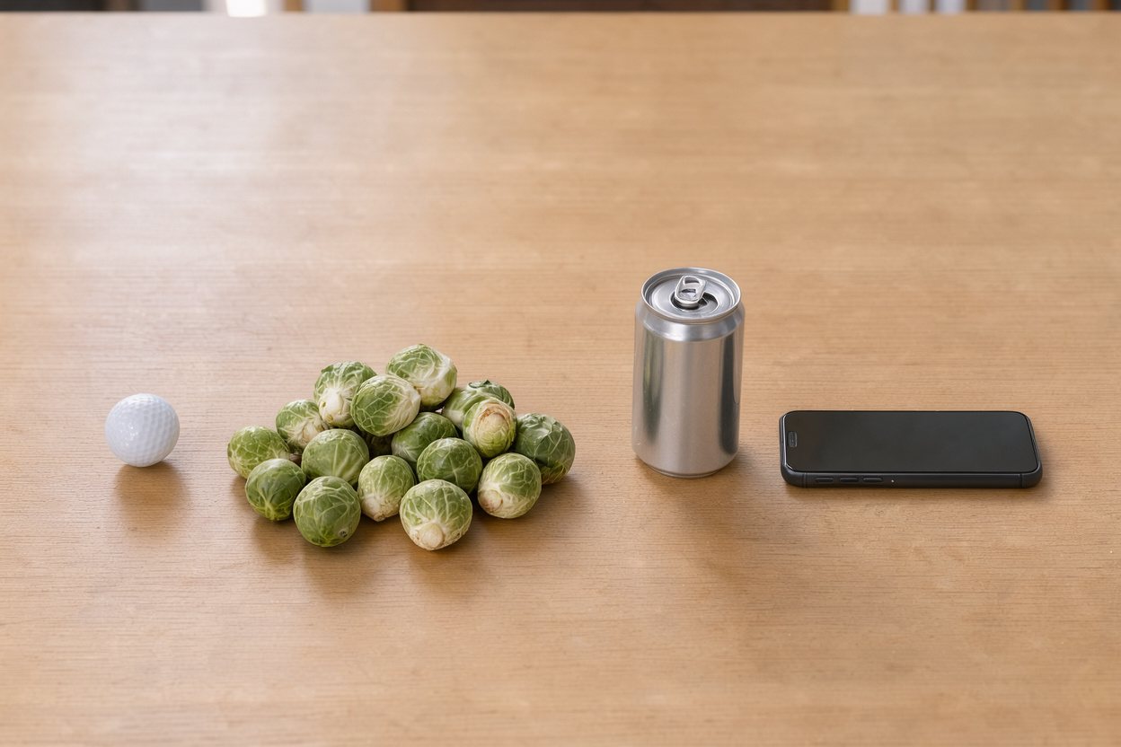 What does 500 grams of brussels sprouts look like? Shown at true scale next to a golf ball, a soda can and a smartphone.