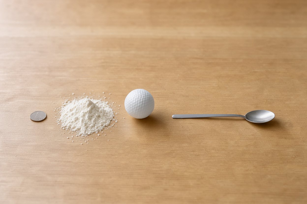 What does 20 grams of egg white protein powder look like? Shown at true scale next to a US quarter, a golf ball and a teaspoon.
