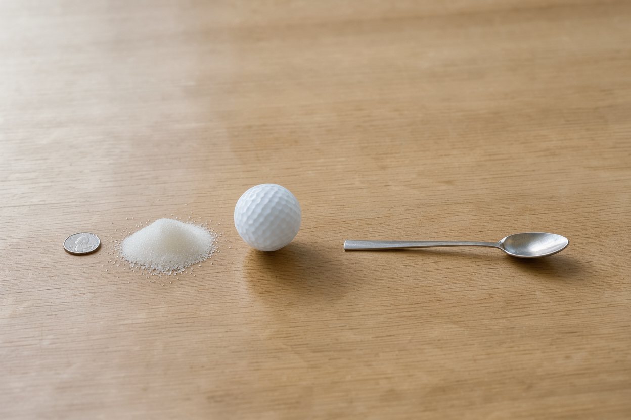 What does 16 grams of granulated sugar look like? Shown at true scale next to a US quarter, a golf ball and a teaspoon.