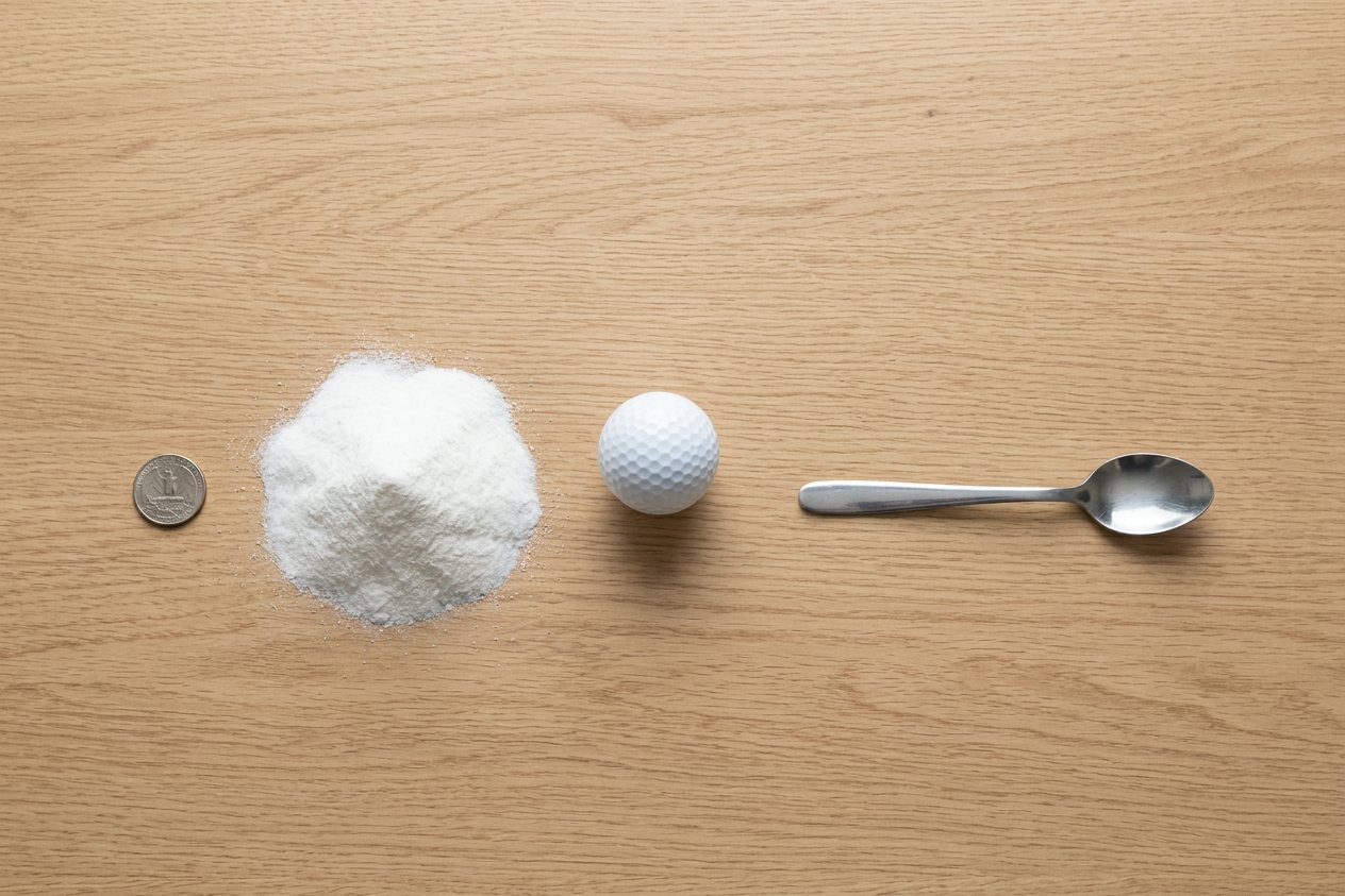 What does 50 grams of maltodextrin powder look like? Shown at true scale next to a US quarter, a golf ball and a teaspoon.