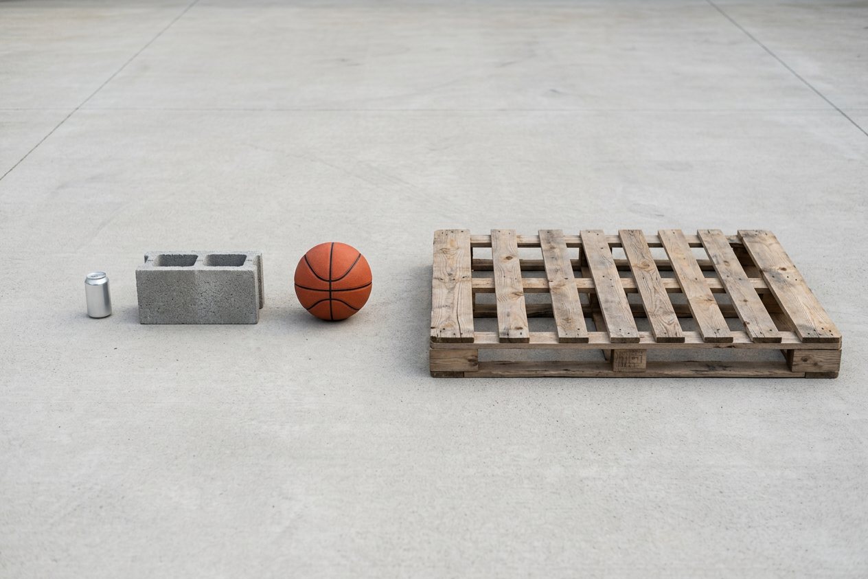 How many cinder blocks would fill a pallet? Shown at true scale next to a soda can, a basketball and a pallet.