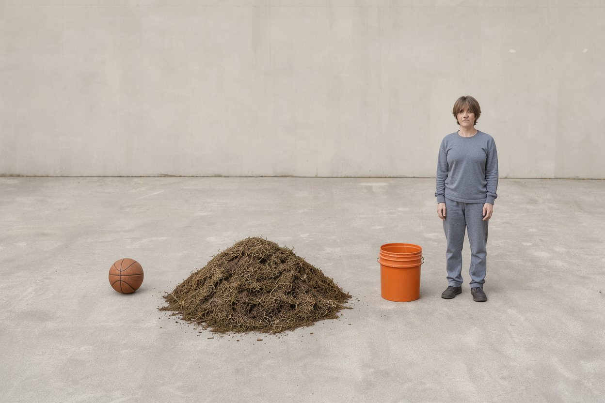 What does 7.6 cubic feet of peat moss look like? Shown at true scale next to a basketball, a 5-gallon bucket and an adult person.
