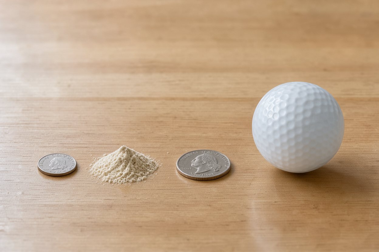 What does 2 grams of taurine powder look like? Shown at true scale next to a US dime, a US quarter and a golf ball.