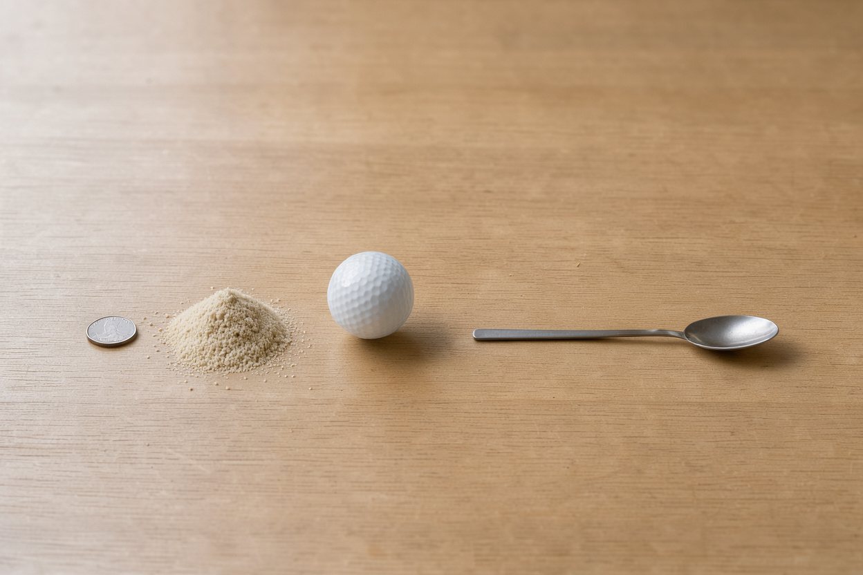 What does 15 grams of instant yeast look like? Shown at true scale next to a US quarter, a golf ball and a teaspoon.