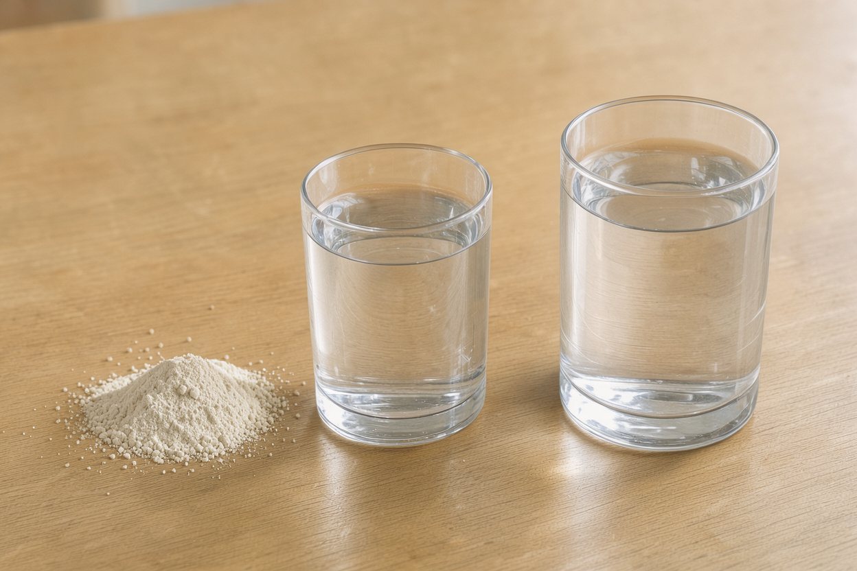 10 g of electrolyte powder vs 16 fl oz of water vs 32 fl oz of water: size comparison