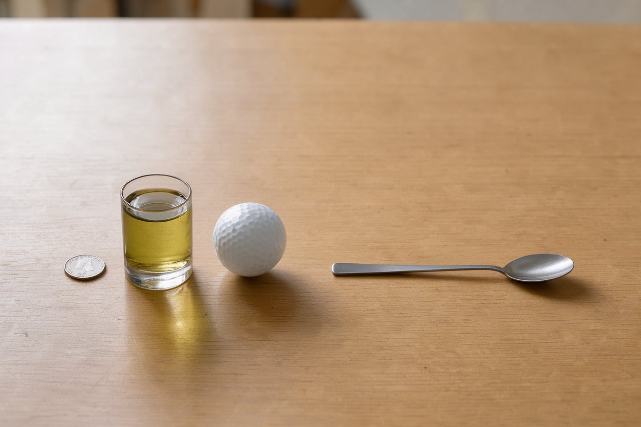 What does 0.25 cups of olive oil look like? Shown at true scale next to a US quarter, a golf ball and a teaspoon.