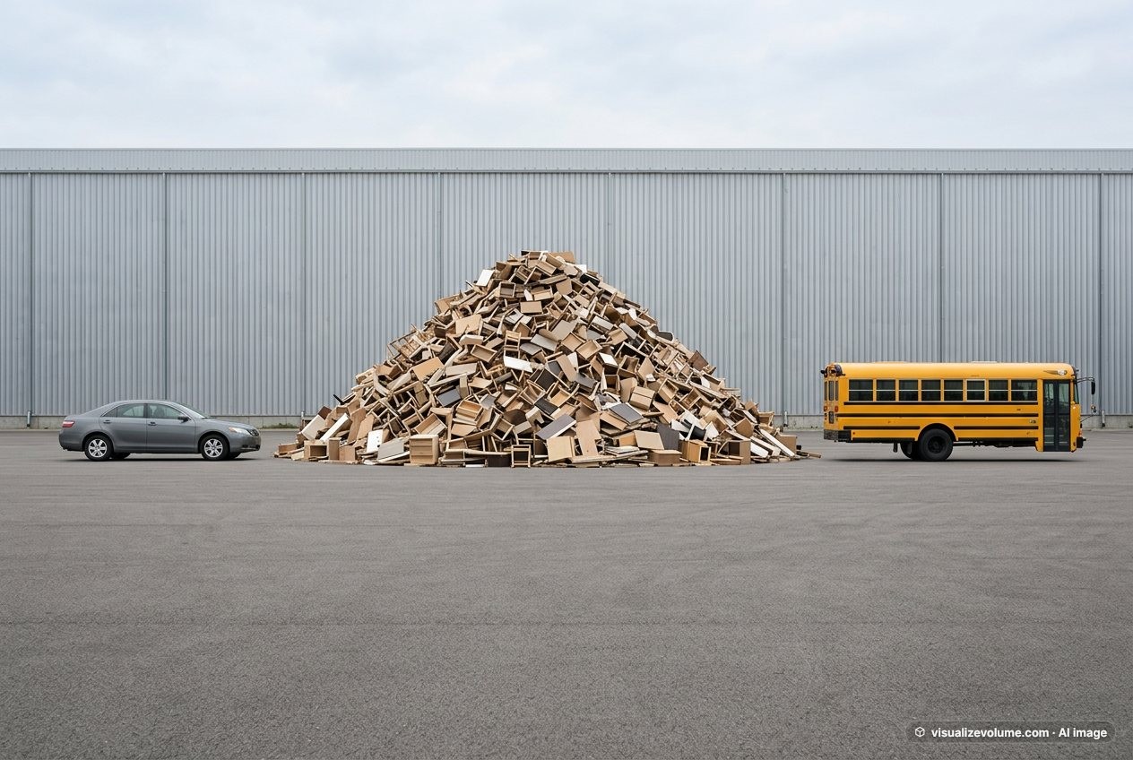 What does 178 metric tons of furniture look like? Shown at true scale next to a sedan car and a school bus.