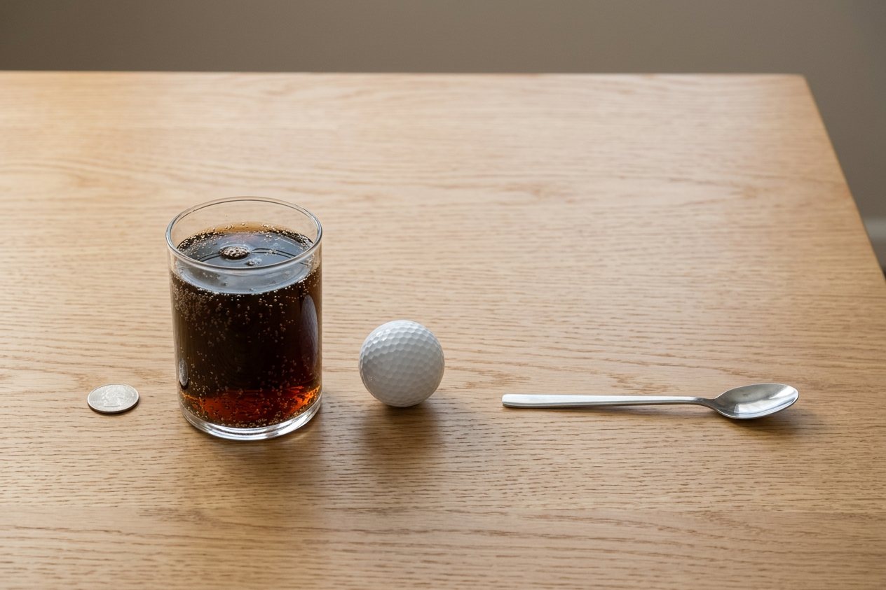 What does 12 fluid ounces of soda look like? Shown at true scale next to a US quarter, a golf ball and a teaspoon.