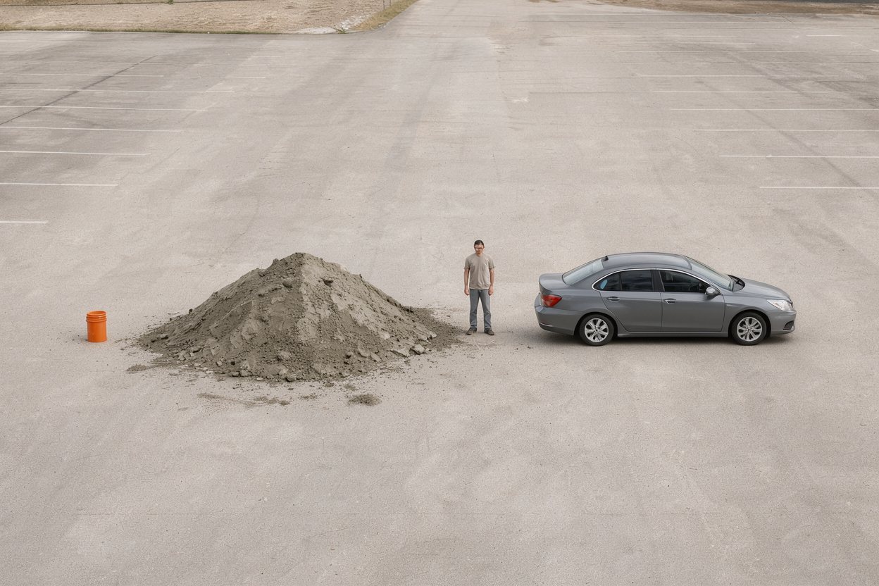 What does 7.11 cubic yards of wet concrete look like? Shown at true scale next to a 5-gallon bucket, an adult person and a sedan car.