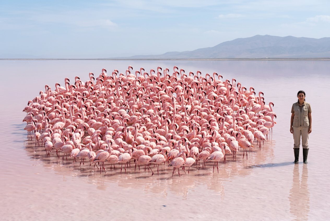 What do 500 flamingos look like? Shown at true scale next to an adult person.