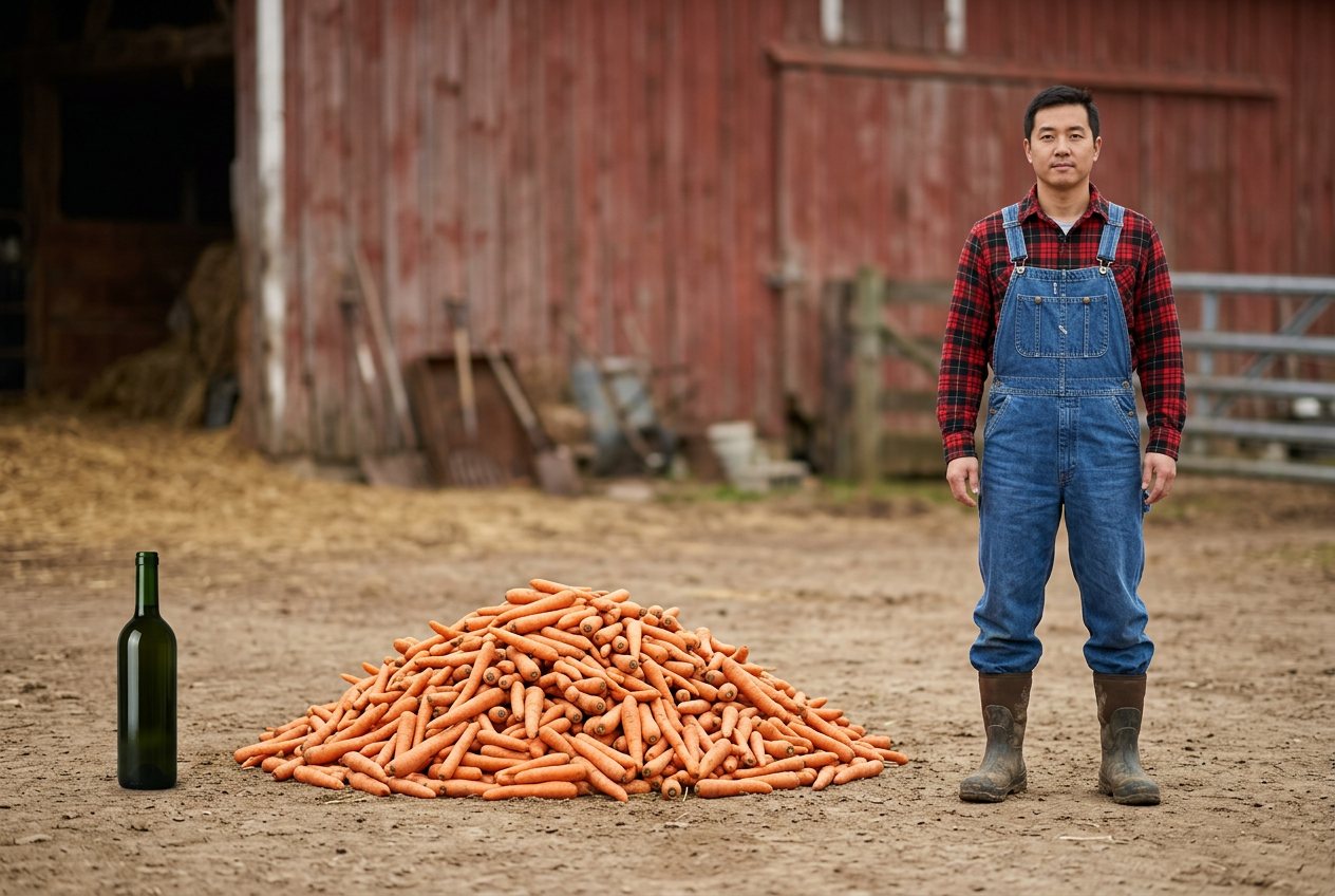 What do 1,000 carrots look like? Shown at true scale next to a wine bottle and an adult person.