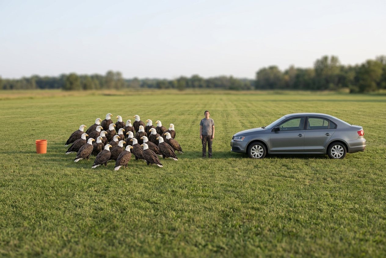 What do 30 bald eagles look like? Shown at true scale next to a 5-gallon bucket, an adult person and a sedan car.