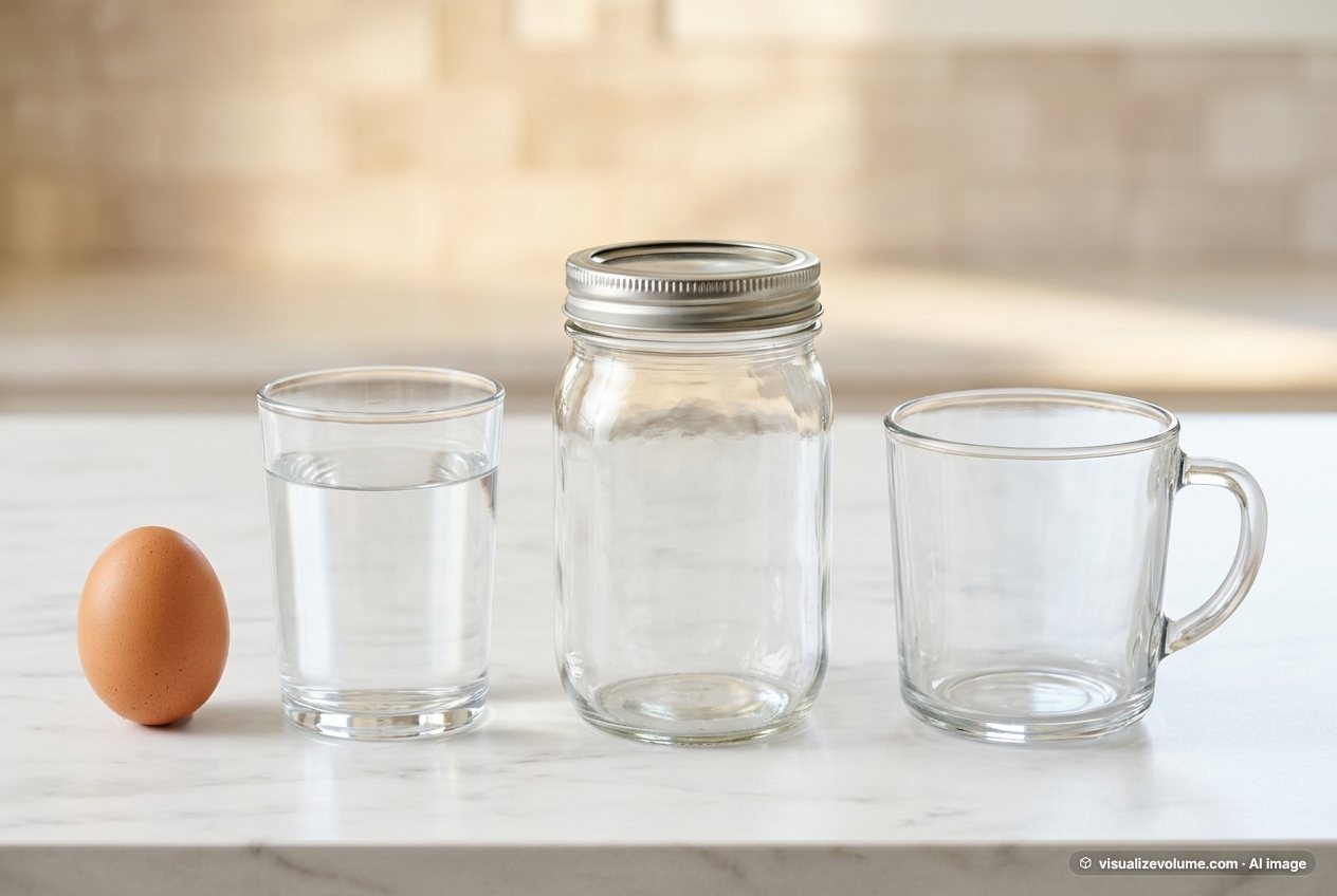 What does 10 fluid ounces of water look like? Shown at true scale next to a large egg, a pint mason jar and a 1-cup measure.