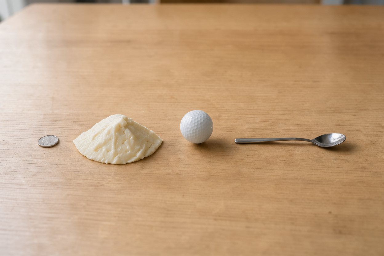 What does 150 grams of fontina cheese look like? Shown at true scale next to a US quarter, a golf ball and a teaspoon.