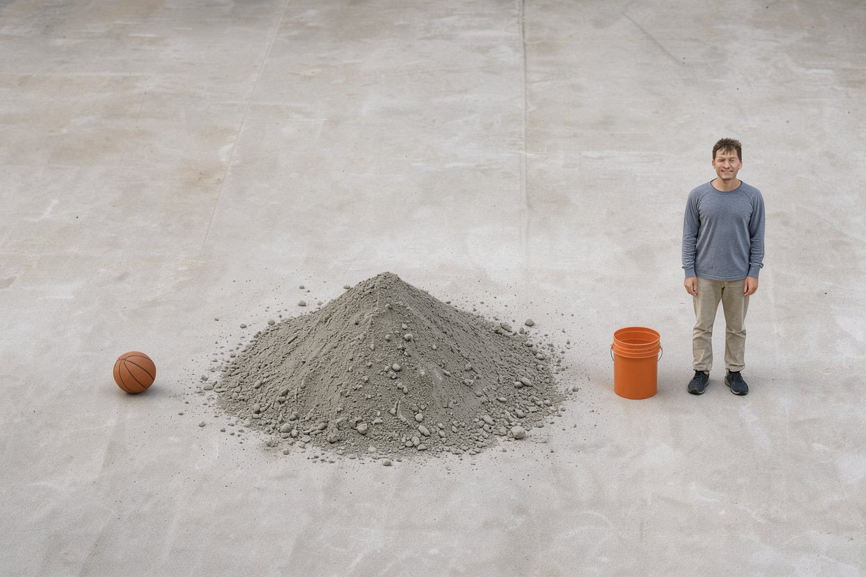 What does 1.23 cubic yards of dry concrete mix look like? Shown at true scale next to a basketball, a 5-gallon bucket and an adult person.