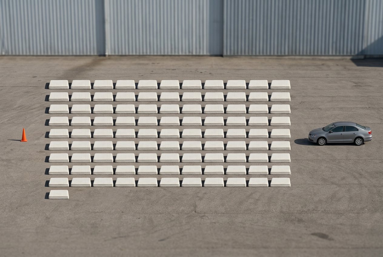 What do 100 mattresses look like? Shown at true scale next to a traffic cone and a sedan car.