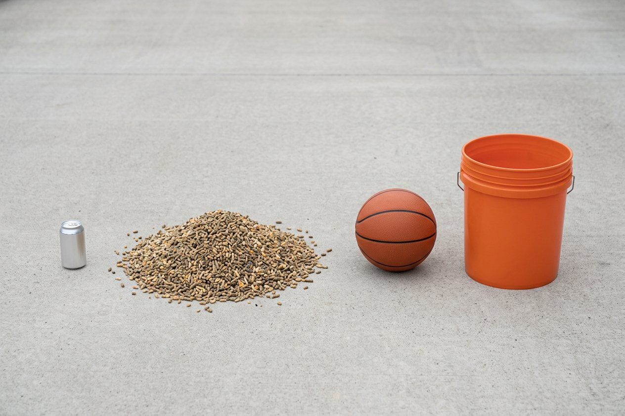What does 25 pounds of rabbit feed look like? Shown at true scale next to a soda can, a basketball and a 5-gallon bucket.