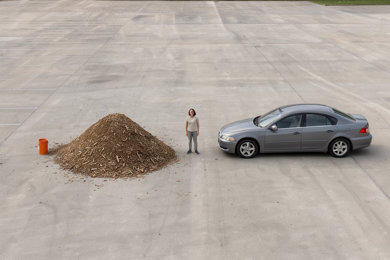 What does 7 cubic yards of wood chips look like? Shown at true scale next to a 5-gallon bucket, an adult person and a sedan car.