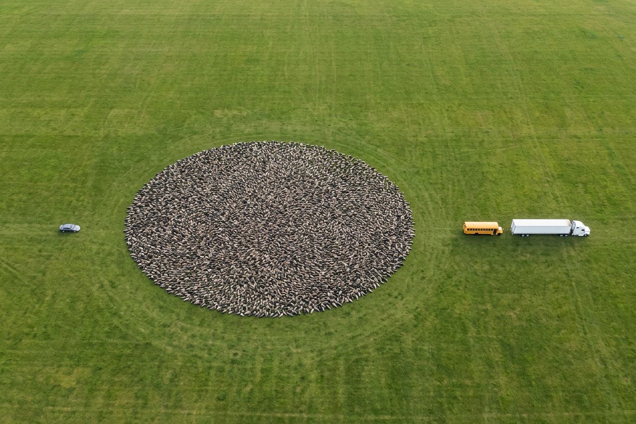 What do 5,000 seals look like? Shown at true scale next to a sedan car, a school bus and a semi truck.