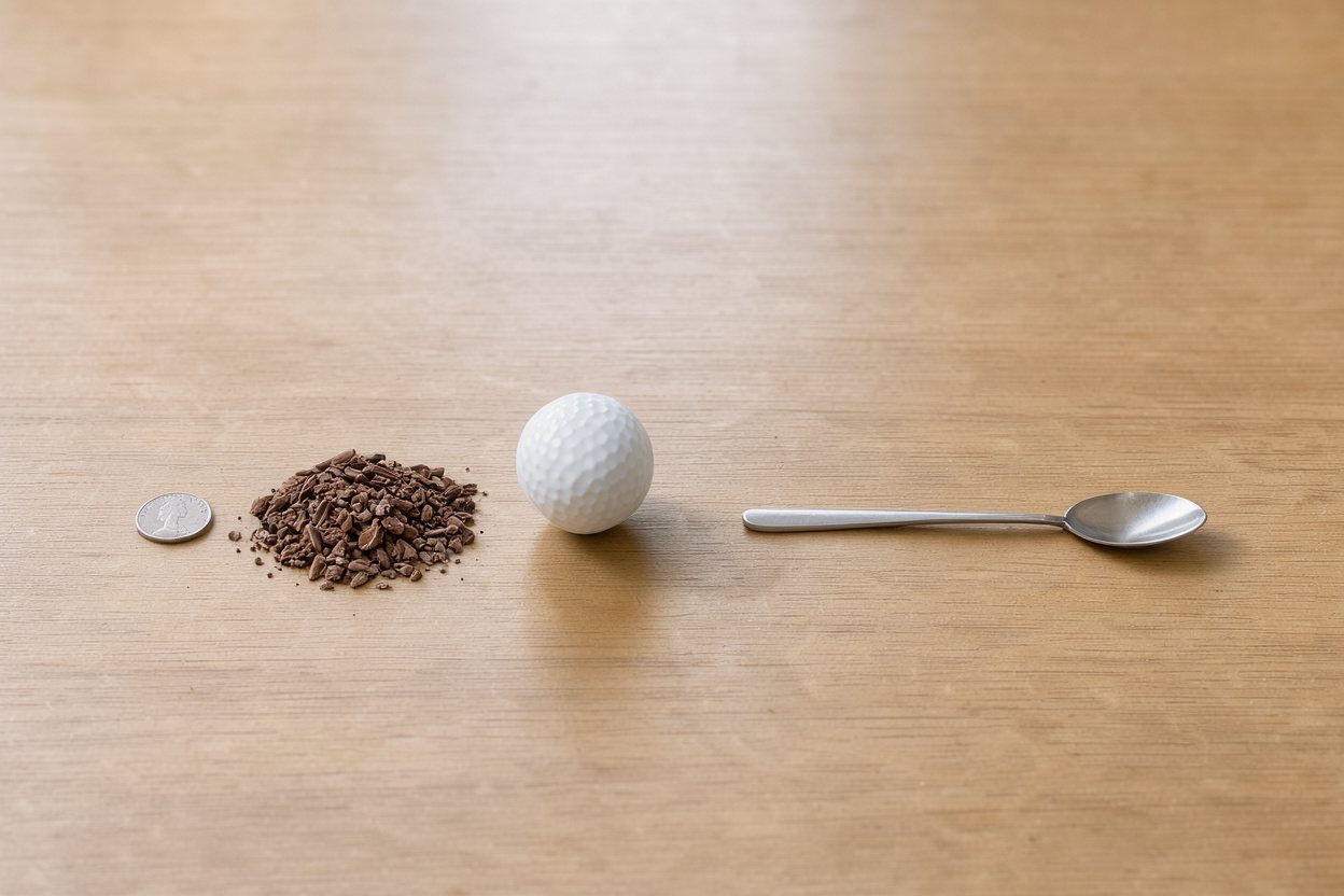 What does 15 grams of cocoa nibs look like? Shown at true scale next to a US quarter, a golf ball and a teaspoon.