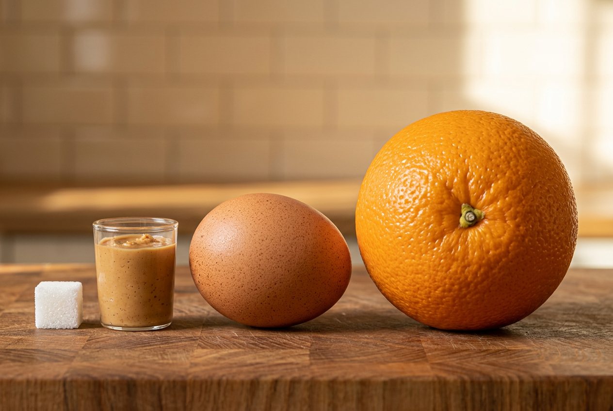 What does 15 grams of peanut butter look like? Shown at true scale next to a sugar cube, a large egg and an orange.