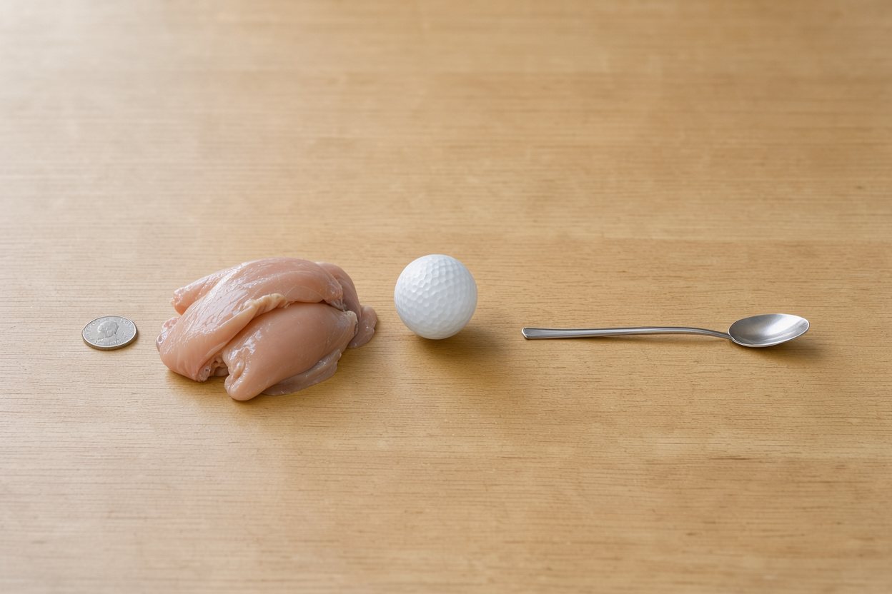 What does 100 grams of duck breast look like? Shown at true scale next to a US quarter, a golf ball and a teaspoon.