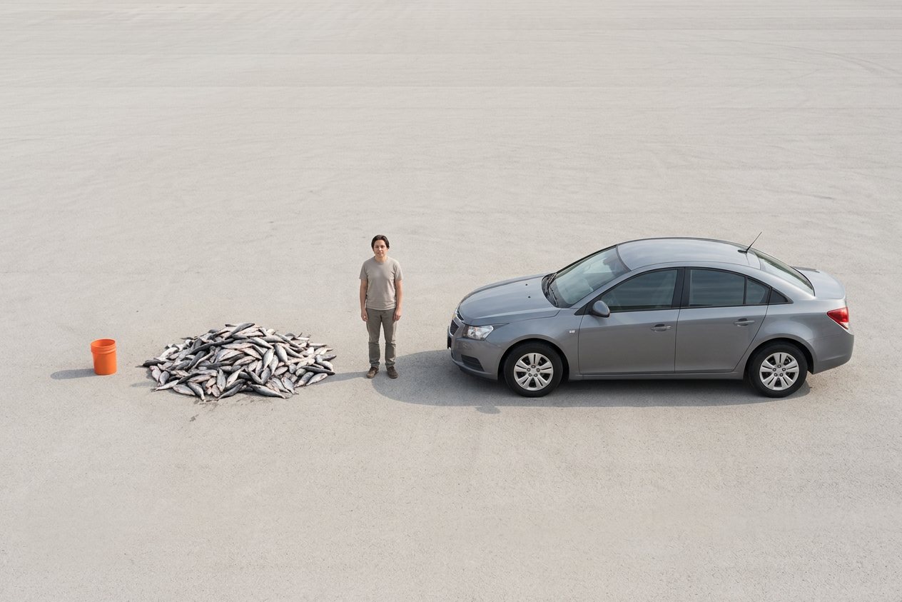 What does 1,000 kilograms of fish look like? Shown at true scale next to a 5-gallon bucket, an adult person and a sedan car.