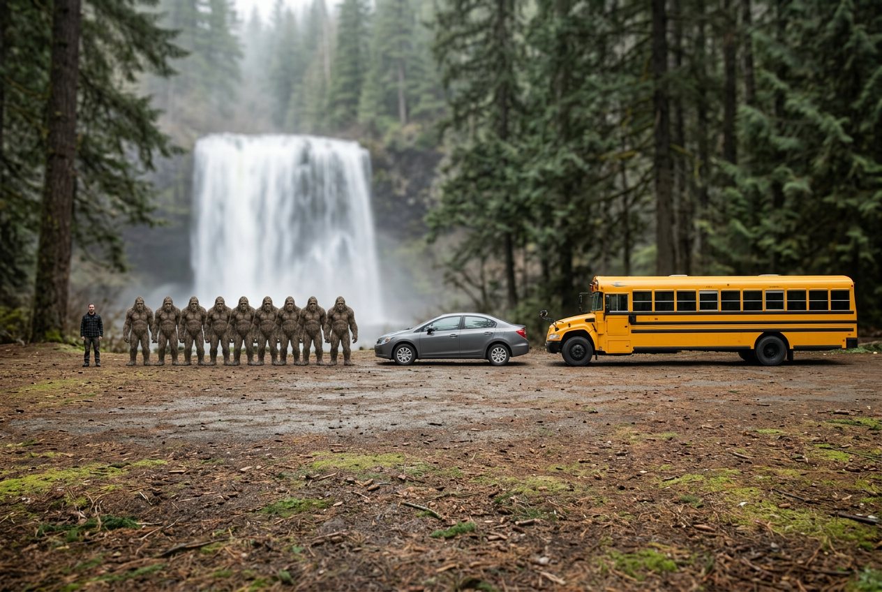 What do 10 bigfoots look like? Shown at true scale next to an adult person, a sedan car and a school bus.