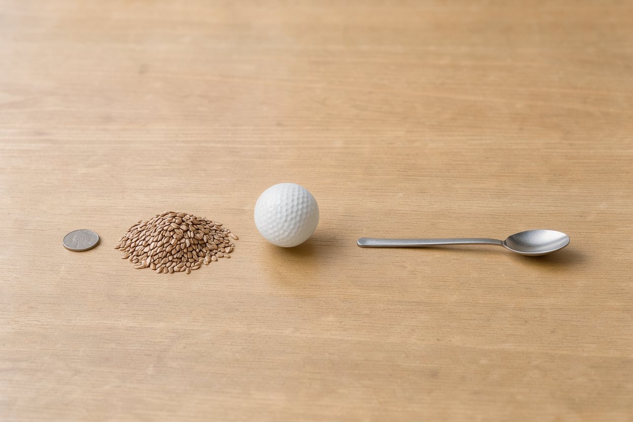 What does 20 grams of flax seeds look like? Shown at true scale next to a US quarter, a golf ball and a teaspoon.
