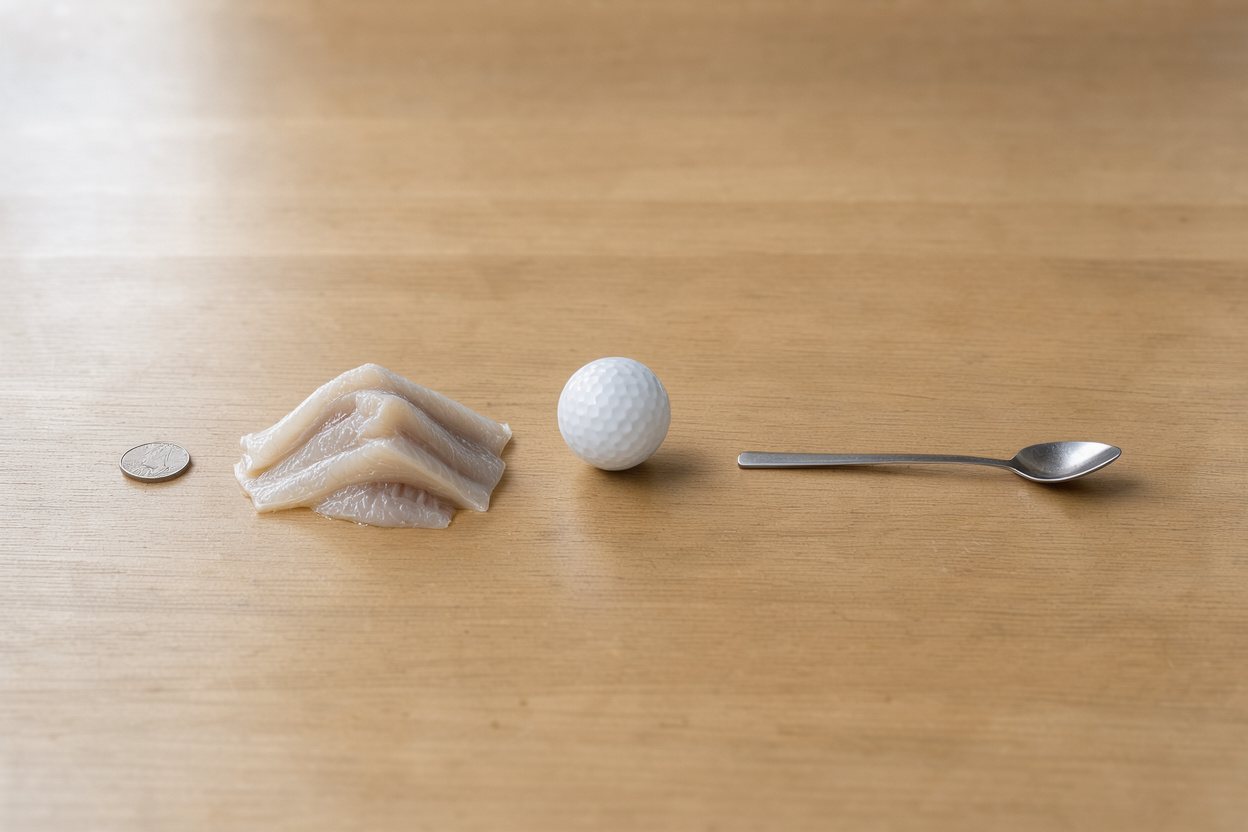 What does 4 ounces of cod fillet look like? Shown at true scale next to a US quarter, a golf ball and a teaspoon.
