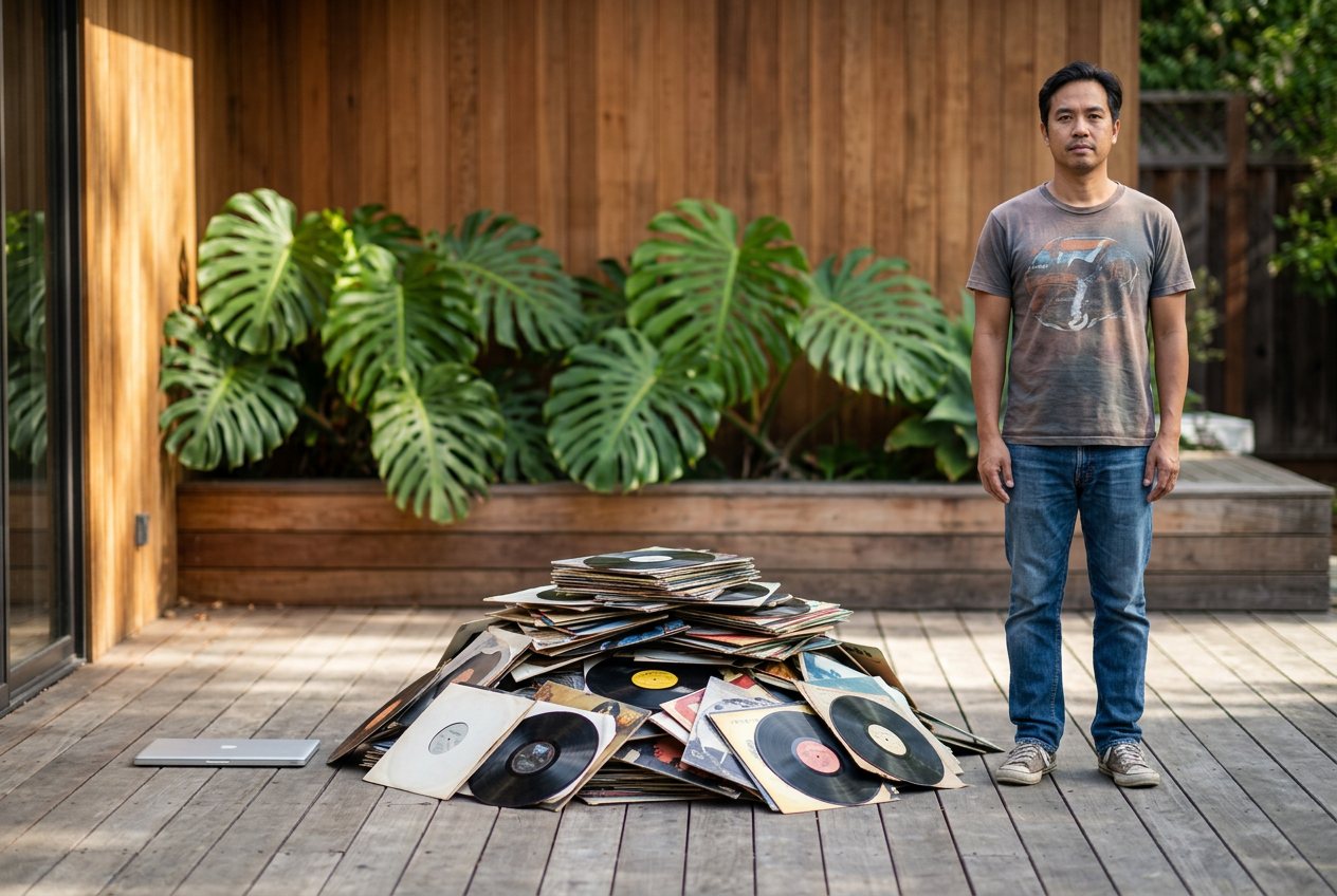 What do 1,000 vinyl records look like? Shown at true scale next to a laptop and an adult person.