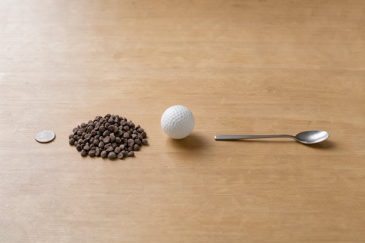 What does 0.333 cups of chocolate chips look like? Shown at true scale next to a US quarter, a golf ball and a teaspoon.