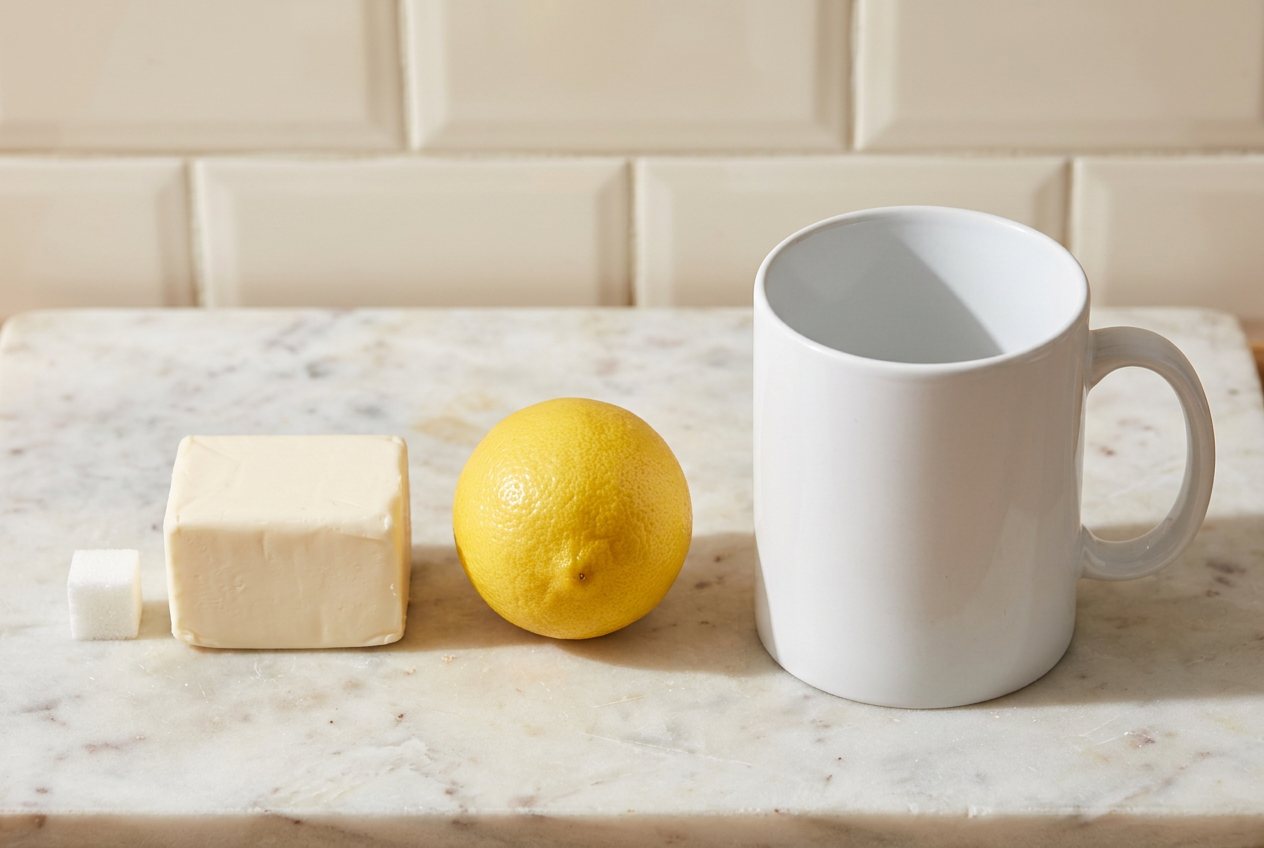 What does 100 grams of butter look like? Shown at true scale next to a sugar cube, a lemon and a coffee mug.