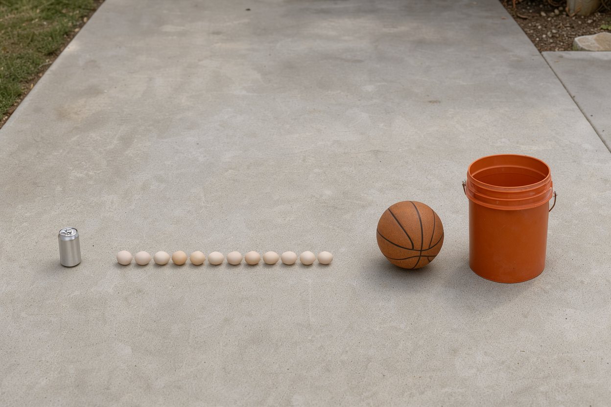 What do 12 eggs look like? Shown at true scale next to a soda can, a basketball and a 5-gallon bucket.