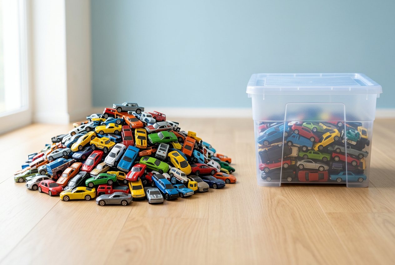 How many toy cars would fill a plastic storage bin? Shown at true scale next to a plastic storage bin.