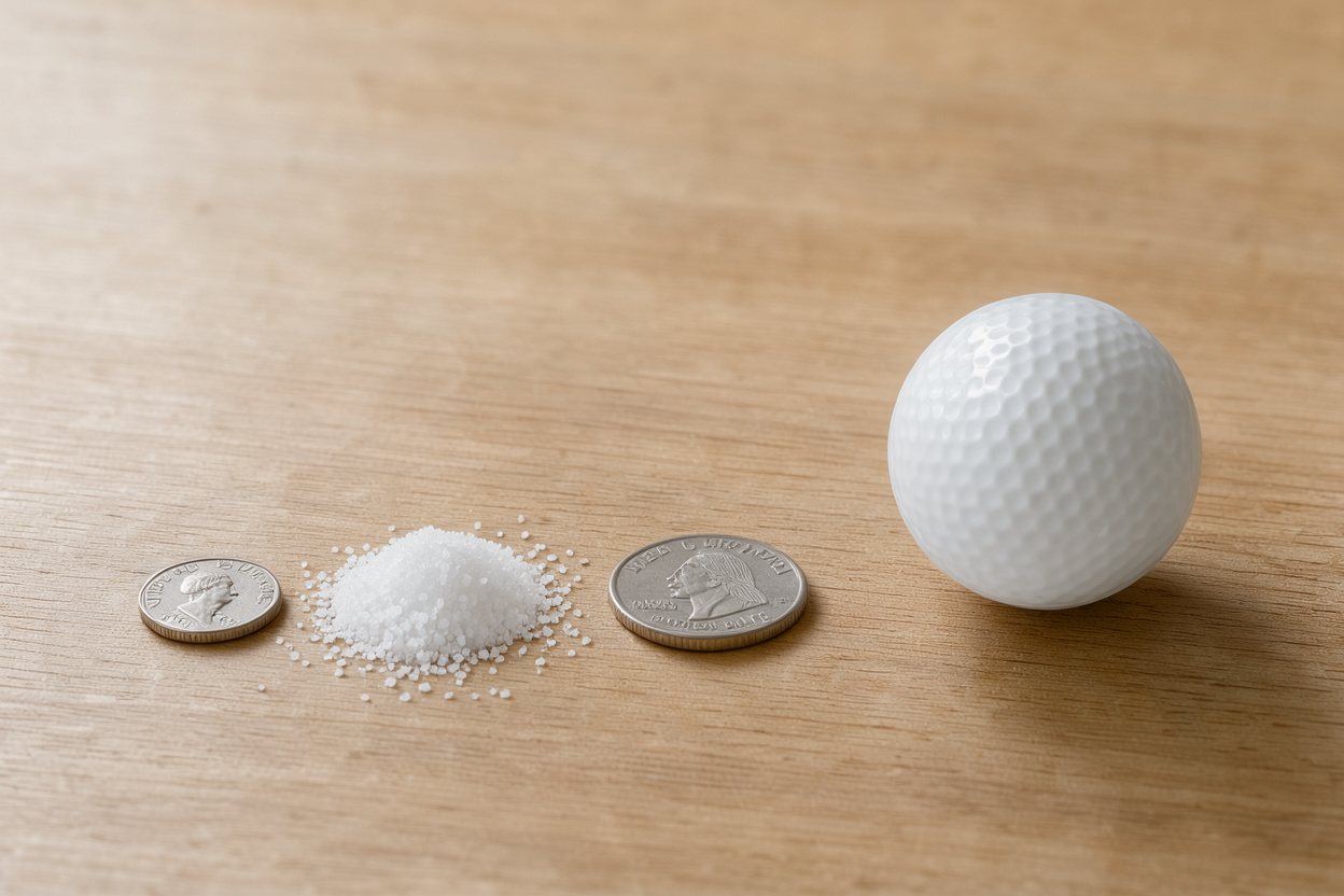 What does 2.5 grams of table salt (fine) look like? Shown at true scale next to a US dime, a US quarter and a golf ball.