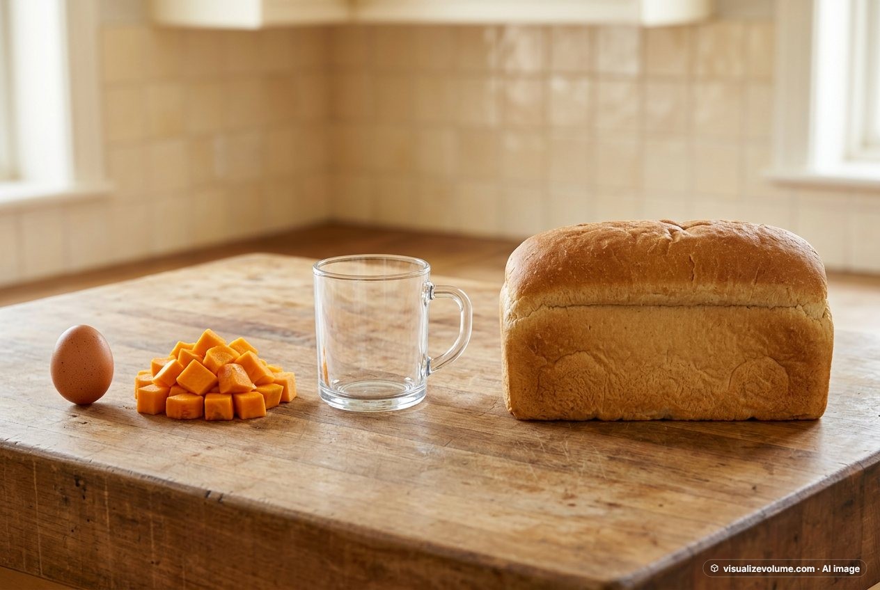 What does 100 grams of diced pumpkin look like? Shown at true scale next to a large egg, a 1-cup measure and a loaf of bread.