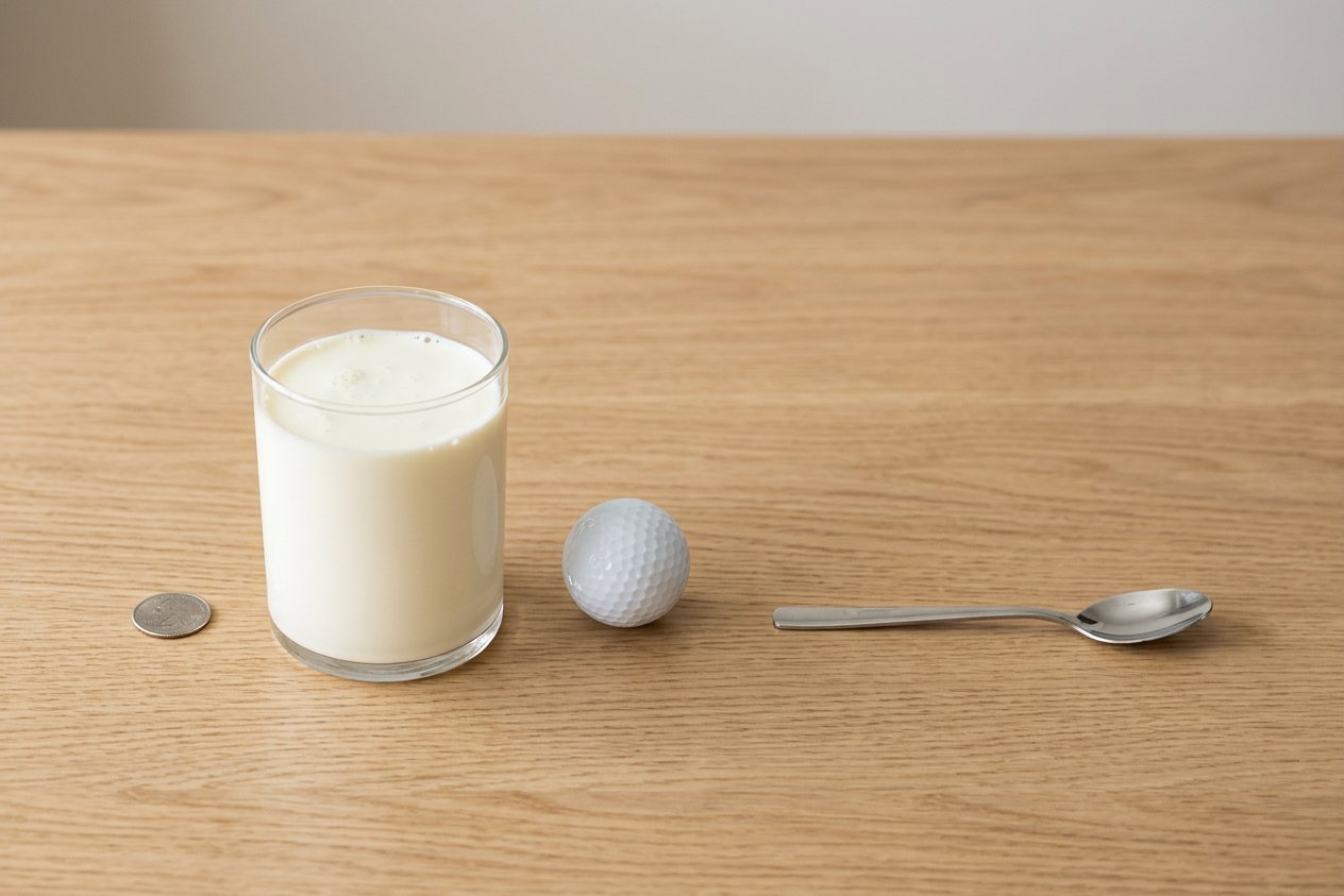 What does 1 pint of heavy cream look like? Shown at true scale next to a US quarter, a golf ball and a teaspoon.