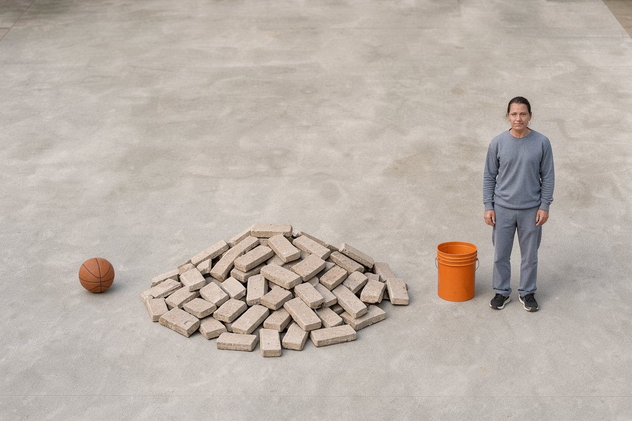 What do 450 pavers look like? Shown at true scale next to a basketball, a 5-gallon bucket and an adult person.