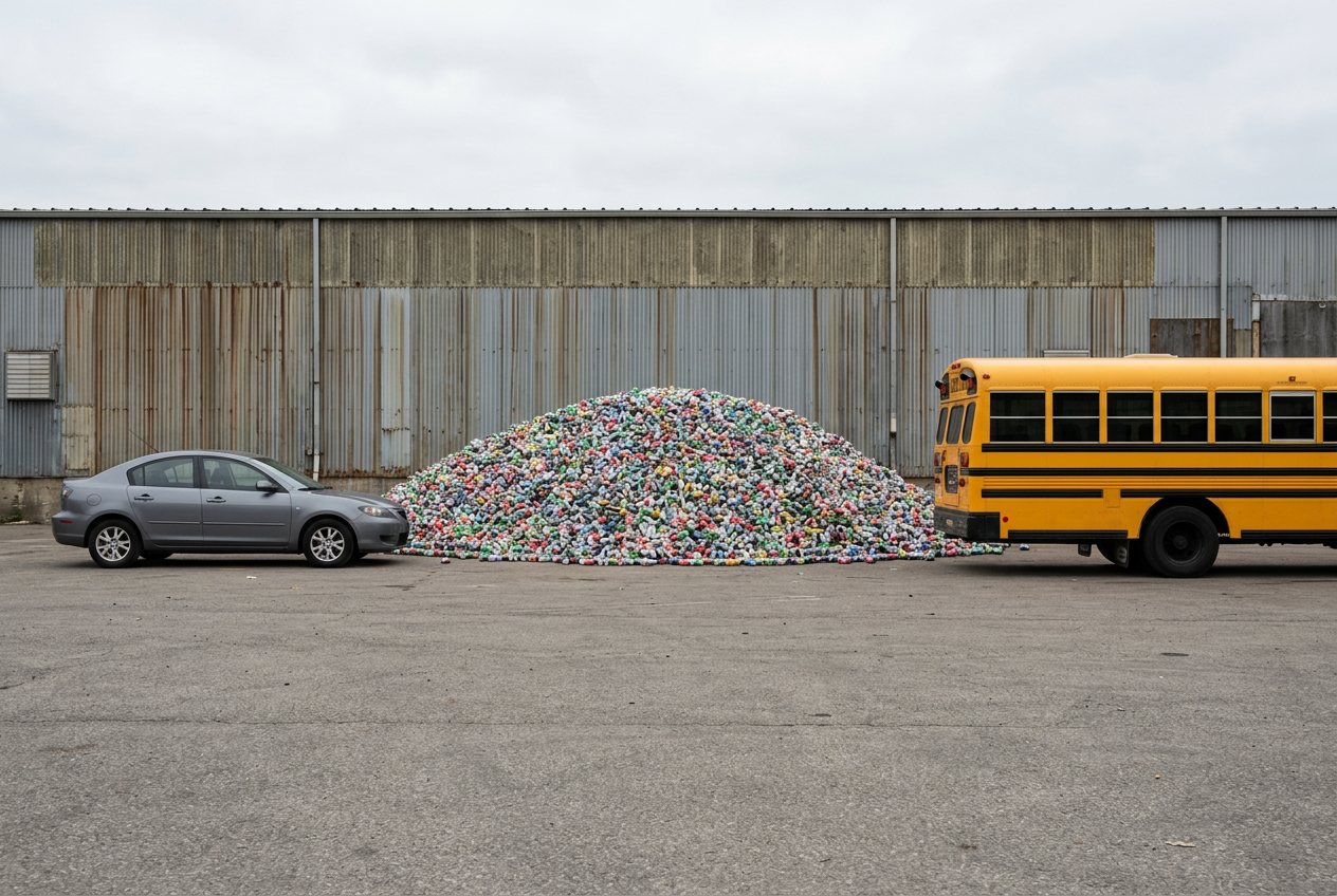 What do 1,000,000 soda cans look like? Shown at true scale next to a sedan car and a school bus.