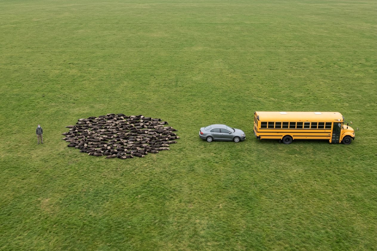 What do 200 sea otters look like? Shown at true scale next to an adult person, a sedan car and a school bus.