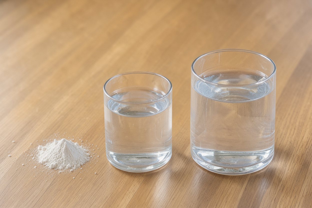 16 g of electrolyte powder vs 16 fl oz of water vs 32 fl oz of water: size comparison