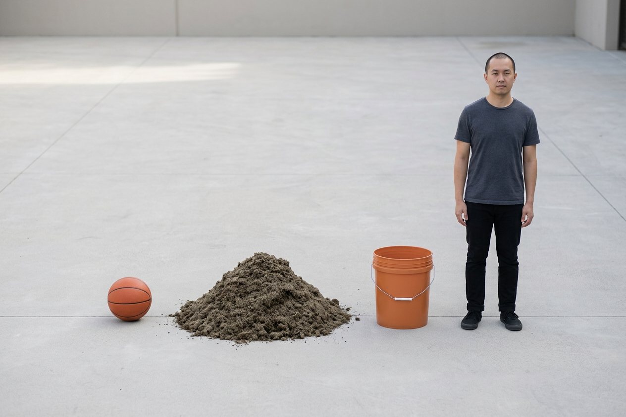 What does 3.8 cubic feet of peat moss look like? Shown at true scale next to a basketball, a 5-gallon bucket and an adult person.