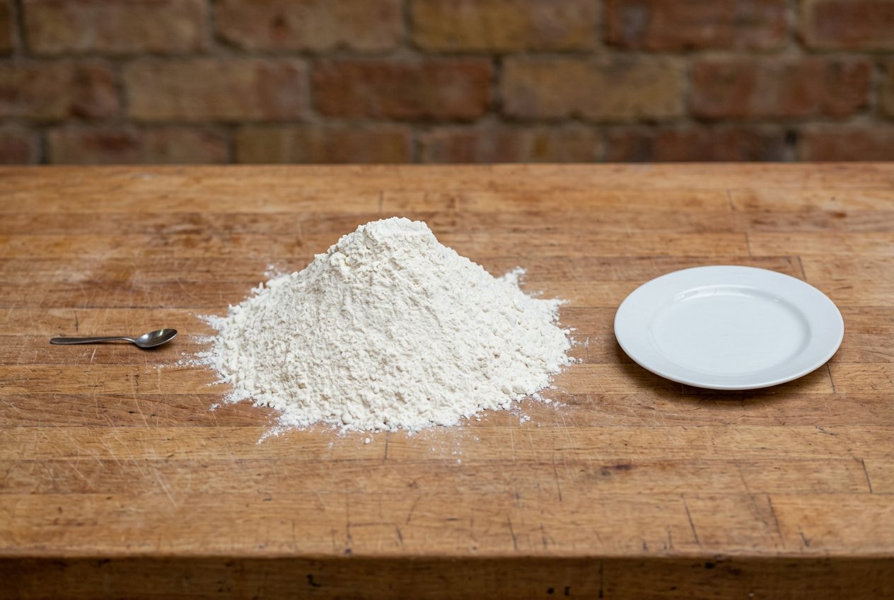 What does 31.3 cups of all-purpose flour look like? Shown at true scale next to a teaspoon and a dinner plate.