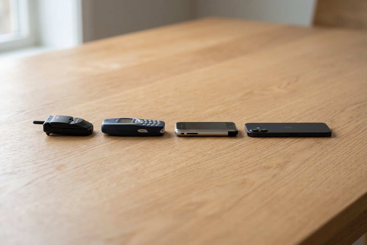 Motorola startac vs nokia 3310 vs original iphone vs iphone 16: size comparison