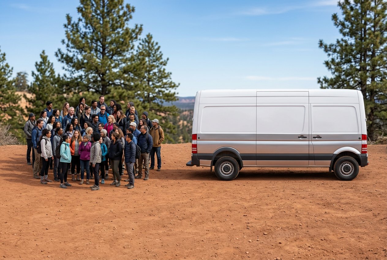 How many people would fill a van? Shown at true scale next to a van.