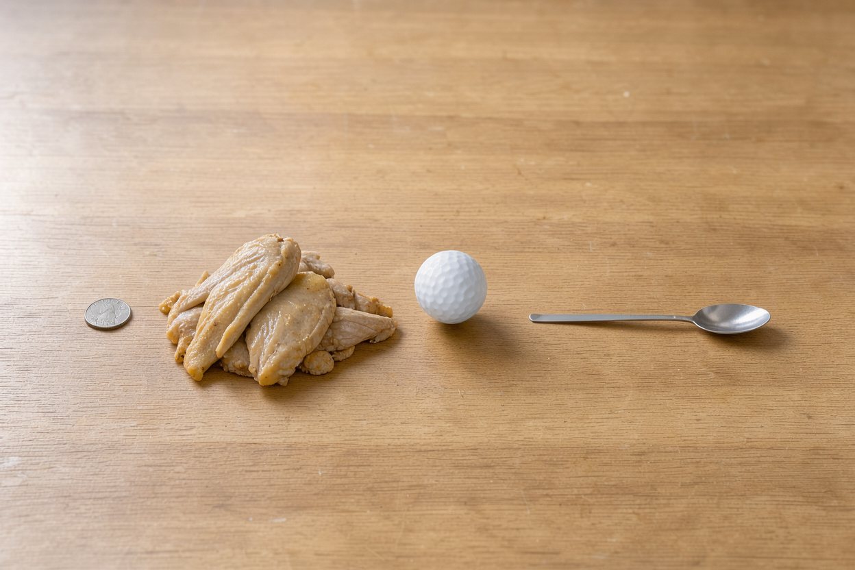 What does 1 cup of cooked chicken breast look like? Shown at true scale next to a US quarter, a golf ball and a teaspoon.