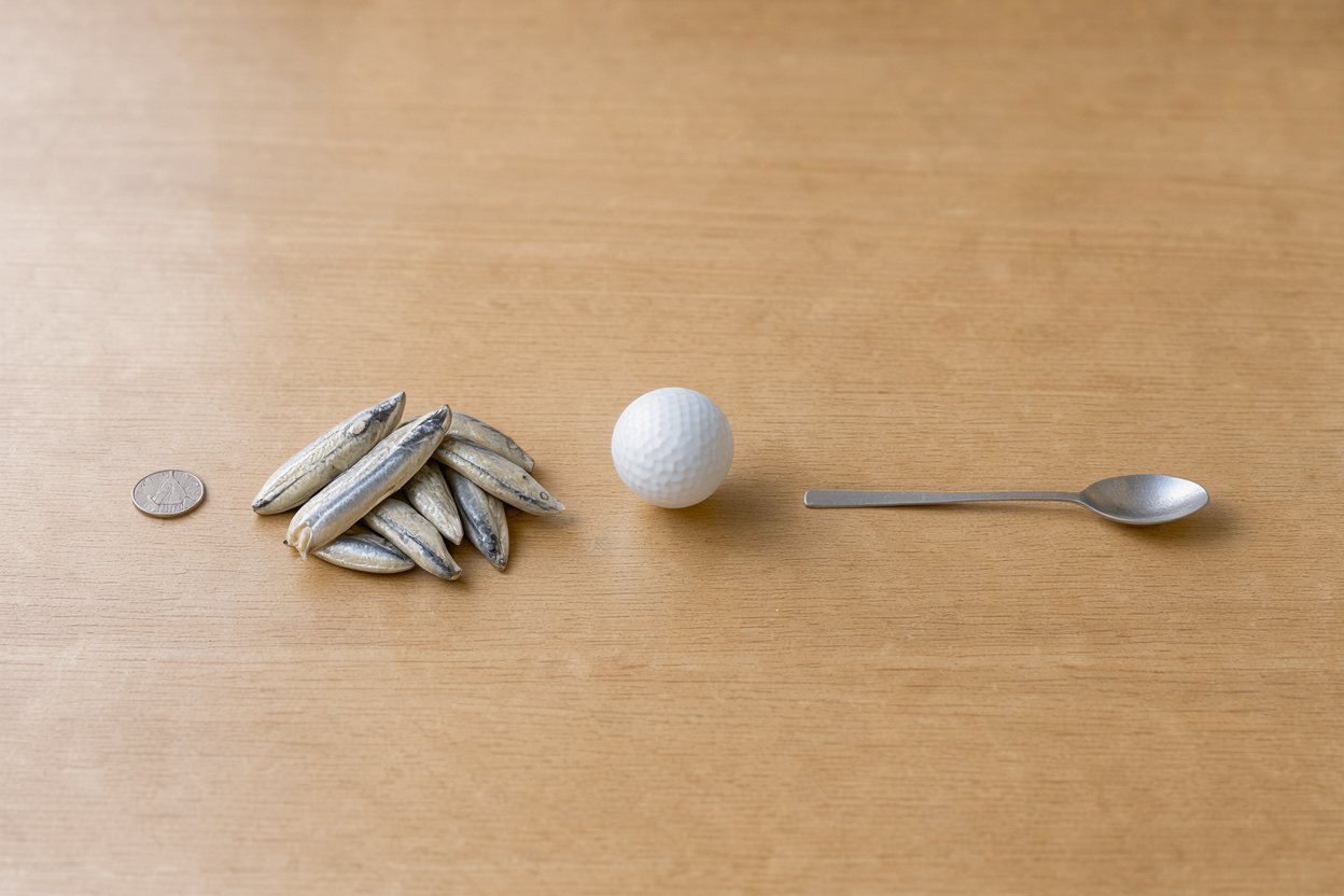 What does 100 grams of canned sardines look like? Shown at true scale next to a US quarter, a golf ball and a teaspoon.